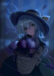  1girl absurdres ahoge black_hat blouse blue_flower blue_rose blurry blurry_background bouquet bow closed_mouth commentary_request disembodied_linked_eye flower frilled_shirt frilled_shirt_collar frilled_sleeves frills green_eyes green_skirt hat hat_bow head_tilt heart heart_ahoge heart_of_string highres holding holding_bouquet kago_usagi komeiji_koishi light_smile long_sleeves looking_at_viewer medium_hair rose shirt skirt solo touhou wide_sleeves yellow_bow yellow_shirt 