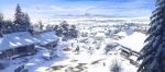  absurdres animal commentary_request dated highres horizon horse horseback_riding landscape mountain original outdoors people riding rural scenery shiki_makoto signature simple_bird smoke snow tree village volcano winter 
