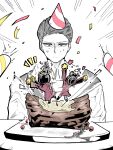  1boy 1other absurdres afterimage black_hair cake cherry chocolate_cake choehye79976282 clock closed_mouth coat collared_shirt commentary confetti dante_(limbus_company) emphasis_lines food food_on_face fruit grey_eyes grey_vest hair_slicked_back hat heart highres jumping limbus_company looking_at_another looking_down male_focus meursault_(project_moon) mini_person notice_lines object_head outstretched_arm party_hat party_popper pom_pom_(cheerleading) project_moon red_coat shirt short_hair streamers table very_short_hair vest white_shirt 