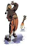  1other absurdres black_hoodie black_shoes colbur_berry dark_skin farigiraf food full_body hand_in_pocket highres holding holding_food hood hood_up hoodie leaning_back midriff_peek orange_pants pants personification pikat pokemon reference_inset shoes simple_background smile standing white_background 
