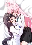  2girls ahoge bed_sheet black_hair black_skirt blue_archive blue_eyes blue_necktie collared_shirt commentary_request eye_contact female_sensei_(blue_archive) halo hand_on_another's_cheek hand_on_another's_face hoshino_(blue_archive) hug long_hair long_sleeves looking_at_another lying multiple_girls necktie on_side open_mouth pink_hair pink_halo purple_eyes rarasa sensei_(blue_archive) shirt skirt smile white_shirt yuri 