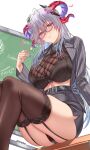  1girl absurdres alternate_costume black_bra black_garter_straps black_panties black_skirt black_thighhighs blue_nails blush bra breasts chalkboard cleavage closed_mouth commentary commission cosplay curled_horns english_commentary fire_emblem fire_emblem_heroes fishnet_top fishnets flower freyja_(fire_emblem) from_below garter_straps glasses goat_horns goddess_of_victory:_nikke grey_hair hair_ornament heart highres horns jacket large_breasts long_hair looking_at_viewer looking_down makudesu midriff multicolored_hair nail_polish panties pantyshot pencil_skirt pinstripe_jacket pinstripe_pattern privaty_(nikke) privaty_(nikke)_(cosplay) privaty_(sharp_lesson)_(nikke) red_eyes red_horns see-through_cleavage see-through_clothes sitting skindentation skirt smile solo striped_clothes striped_jacket thick_thighs thighhighs thighs underwear upskirt vertical-striped_clothes vertical-striped_jacket very_long_hair 