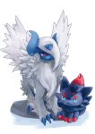  absol absurdres blue_eyes bright_pupils claws closed_mouth commentary_request feathered_wings hair_over_one_eye highres horns i_my_mo55 mega_absol mega_pokemon no_humans pokemon pokemon_(creature) pokemon_focus red_eyes simple_background sitting smile standing white_background white_pupils wings zorua 