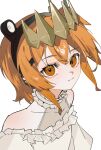  1girl a.i._voice absurdres adachi_rei alternate_costume closed_mouth commentary_request crown dress frilled_dress frills headlamp highres looking_at_viewer medium_hair orange_eyes orange_hair portrait senri_(hrydy_o) simple_background solo utau white_background white_dress 