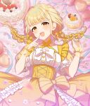  1girl balloon birthday_cake blonde_hair bow braid breasts cake collarbone commentary_request dress fingernails food fujita_kotone gakuen_idolmaster hair_bow hands_up heart heart_balloon idolmaster long_hair looking_at_viewer lying medium_breasts multiple_hair_bows nail_polish on_back open_mouth sakura_ran smile solo twin_braids wrist_cuffs yellow_bow yellow_dress yellow_eyes yellow_nails yellow_wrist_cuffs 