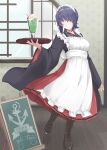  1girl alternate_costume anchor_symbol apron black_boots black_kimono boots breasts chalkboard chalkboard_sign commentary_request drinking_straw enmaided food frilled_apron frills full_body grin hakama highres ice_cream ice_cream_float japanese_clothes kantai_collection kimono lace-up_boots maid maid_headdress medium_breasts melon_soda purple_hair red_hakama smile solo taira_yuuki tenryuu_(kancolle) wa_maid waitress white_apron yellow_eyes 