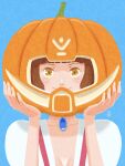  1girl absurdres aobito_sukoyaka_bystander blue_background brown_hair closed_mouth commentary english_commentary gundam hands_on_headwear highres jack-o'-lantern jewelry necklace portrait pumpkin pumpkin_on_head shirt short_hair signature simple_background smile sochie_heim solo straight-on turn_a_gundam white_shirt yellow_eyes 