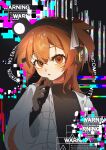  1girl a.i._voice absurdres adachi_rei black_gloves black_shirt commentary_request gloves hand_up headlamp highres jacket long_sleeves looking_at_viewer making-of_available medium_hair open_clothes open_jacket orange_eyes orange_hair senri_(hrydy_o) shirt sign solo upper_body utau warning_sign white_jacket 