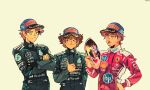  3boys andrea_kimi_antonelli baseball_cap black_jumpsuit blue_eyes brown_eyes brown_hair charles_leclerc closed_mouth commentary crossed_arms english_commentary ferrari formula_one george_russell hat hewlett-packard highres holding holding_trophy jumpsuit long_sleeves looking_at_another male_focus mercedes-benz multiple_boys petronas pirelli racing_suit real_life red_jumpsuit reflection reflective_surface shaka_sign shell_(company) short_hair simple_background smile sog_goog tongue tongue_out trophy yellow_background 