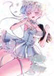  1girl character_request collar commentary dress floating_ribbon flower frilled_collar frills from_below goddess_of_victory:_nikke highres looking_at_viewer mimu_(cyus7328) off_shoulder open_mouth ribbon short_hair simple_background smile solo white_background white_dress white_hair white_ribbon 
