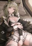  1girl absurdres alternate_breast_size_(larger) animal_ears apron arknights black_bra black_jacket black_ribbon bow bowtie bra breasts bright_pupils buttons cat_ears cat_girl cleavage commentary condom condom_wrapper crossed_arms dot_nose duplicate frilled_bra frills green_eyes green_hair hair_ribbon highres jacket kal'tsit_(arknights) kal'tsit_(the_remains_of_time)_(arknights) large_breasts looking_at_viewer maid_apron maid_headdress mildt official_alternate_costume open_clothes open_jacket parted_lips pocket_watch pouch ribbon skindentation solo sweatdrop thick_thighs thighhighs thighs traditional_bowtie undersized_breast_cup underwear watch white_apron white_bow white_bowtie white_headdress white_pupils white_thighhighs 
