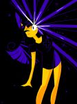  1girl alternate_skin_color andaerz animal_ears artist_logo artist_name black_background black_eyes black_hair black_shirt blending blunt_bangs breasts cat_ears cat_girl cat_girl_(andaerz) colored_skin cowboy_shot cross cross_hair_ornament cross_print glowing glowing_eyes hair_ornament highres large_ears limited_palette logo long_hair looking_at_viewer medium_breasts naked_shirt one_eye_closed original shirt solo t-shirt yellow_skin 