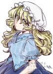  1girl blonde_hair blue_shirt blue_skirt breasts collared_shirt commentary_request hat highres long_hair maribel_hearn medium_breasts mob_cap puffy_short_sleeves puffy_sleeves shirt short_sleeves simple_background skirt solo tama_(hiroshige_36) touhou twitter_username watermark white_background white_hat yellow_eyes 