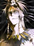  1boy black_background blonde_hair braid facepaint fate/grand_order fate_(series) headdress highres long_hair looking_at_viewer male_focus mimulishizi parted_lips skull solo tezcatlipoca_(fate) tezcatlipoca_(third_ascension)_(fate) twin_braids upper_body 
