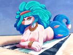 absurd_res anthro aquatic areola beach belly big_breasts blue_eyes blue_hair bodily_fluids bracelet breasts butt clothing curly_hair dennhaze detailed_background digital_media_(artwork) female fish_tail generation_7_pokemon gold_(metal) gold_jewelry grin hair handwear headgear hi_res huge_breasts isabela_(dennhaze) jewelry kerchief legless looking_at_viewer lying lying_on_self mammal merfolk mermaid_tail neckwear nintendo nude on_front pinniped pokemon pokemon_(species) primarina resting_on_belly sand scales sky skyscape slightly_chubby smile smug smug_face solo split_form sweat tail towel white_body