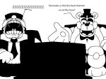 anthro bear black_bow_tie bow_tie clothing dialogue duo electronics eyemask eyewear five_nights_at_freddy's five_nights_at_frickbear's_(series) five_nights_at_frickbear's_3 freddy_(fnaf) hat headgear headwear human male mammal mike_schmidt r1z0to robot_anthro scottgames sketch sleeping television top_hat watching_television
