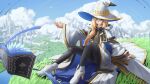  1girl absurdres aesc_(fate) black_pantyhose blonde_hair blue_eyes blue_sky book boots braid brooch capelet castle closed_mouth cloud cloudy_sky commentary_request day dress fate/grand_order fate_(series) full_body glasses grass hat high_heel_boots high_heels highres jewelry long_hair long_sleeves outdoors pantyhose sherry492 sitting sky smile solo tree very_long_hair white_boots wide_sleeves witch witch_hat 