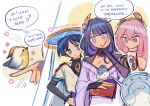  1boy 2girls arm_at_side armpit_crease bare_shoulders bird bird_on_hand black_bodysuit black_bridal_gauntlets black_hair blue_hair blue_hat blue_jingasa blue_sleeves blunt_bangs blunt_ends bodysuit bridal_gauntlets colored_inner_hair commentary_request crossed_bangs english_text finch genshin_impact gold gold_ring grey_eyes hair_between_eyes hand_on_own_face hand_on_own_hip hat highres japanese_clothes jingasa jitome kimono layered_sleeves long_hair middle_ring moonsterical mother_and_child mother_and_son multicolored_hair multiple_girls nontraditional_miko obi obijime off_shoulder parent_and_child parted_bangs pink_hair purple_eyes purple_hair purple_kimono purple_sash purple_shrug raiden_shogun red_sash sash scaramouche_(genshin_impact) short_sleeves shoulder_peek shrug_(clothing) simple_background single_sode sketch speech_bubble streaked_hair swept_bangs turtleneck turtleneck_bodysuit twitter_username wanderer_(genshin_impact) white_kimono white_sleeves wispy_bangs yae_miko 