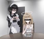  2girls absurdres ashal_(mansu) black_eyes black_hair blonde_hair breasts broken_halo camisole censored censored_identity cigarette_butt cut-here_line fallen_angel hair_between_eyes halo heart heart_hands highres long_hair maid maid_headdress mamiya_yuu_(mansu) mansu_(mansu113355) multiple_girls neck_tattoo original scissor_tattoo small_breasts tattoo traditional_halo white_camisole 