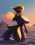  anthro aquatic areola big_breasts biped blonde_hair breasts detailed_background doomthewolf female fish hair hi_res nipples nude outside partially_submerged pupils shark shark_tail smile solo water 
