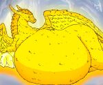  2026 ambiguous_gender belly big_belly dragon feral flat_colors fur hi_res horn lying mythological_creature mythological_scalie mythology on_side overweight scalie solo watermark wings yauhasart yellow_arms yellow_belly yellow_body yellow_fur yellow_horn yellow_legs yellow_wings 