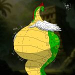  2026 ambiguous_gender belly big_belly english_text feathers feral green_body hair hi_res overweight red_hair reptile rumbling_stomach scalie snake solo text tongue tongue_out watermark white_body white_feathers white_wings wings yauhasart yellow_belly yellow_eyes 