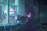  1girl back belt_bag blue_archive blush brick_wall broken_window bucket closed_mouth cool_colored curtains dim_lighting doremi_(doremi4704) emblem foliage from_behind game_asset garrison_cap grass hair_ornament hairclip halo haruka_(blue_archive) hat highres indoors long_sleeves looking_at_viewer looking_back messy_hair military_hat military_uniform nervous_smile non-web_source official_art plant potted_plant purple_eyes purple_hair purple_halo scenery self-datamine shelf short_hair_with_long_locks smile solo standing tree window 