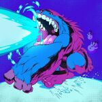  1boy blue_background blue_theme claws creature darkstalkers energy_beam fangs firing furry hat highres laser no_humans open_mouth sasquatch_(darkstalkers) sebazebes sharp_teeth snowball snowman solo teeth tongue tongue_out top_hat 