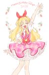 1girl :d ^_^ absurdres aikatsu! aikatsu!_(series) arm_up blonde_hair bow bow_hairband character_name closed_eyes collared_shirt commentary_request feet_out_of_frame food frilled_skirt frills fruit hair_bow hairband happy_birthday highres hoshimiya_ichigo idol_clothes koedo long_hair miniskirt necktie open_mouth outstretched_arm pink_skirt pink_vest puffy_short_sleeves puffy_sleeves red_hairband red_necktie shirt short_sleeves simple_background skirt smile solo standing strawberry vest waving white_background white_shirt 