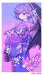  1girl absurdres alternate_costume bag bat_wings character_doll character_name chinese_commentary closed_mouth commentary_request doll flandre_scarlet floral_print floral_print_kimono fumo_(doll) gradient_background hair_ornament highres holding holding_bag holding_umbrella japanese_clothes kanzashi kimono looking_at_viewer obi oil-paper_umbrella pink_background pink_nails pointy_ears print_kimono purple_background purple_kimono purple_sash red_eyes remilia_scarlet sash senjouhara_nira short_hair solo star_(symbol) touhou translation_request tsumami_kanzashi umbrella wings 