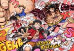  1boy apple7apo birthday black_hair blue_vest coat coat_on_shoulders commentary_request cross_scar devil_fruit_power fighting_stance fur-trimmed_shorts fur_trim gear_fifth gear_fourth gear_fourth:_boundman gear_second gear_third happy_birthday hat highres male_focus monkey_d._luffy multiple_views official_alternate_costume one_piece open_clothes open_hand open_mouth open_shirt purple_sash red_shirt red_vest sandals sash scar scar_on_cheek scar_on_chest scar_on_face shirt short_hair shorts steam straw_hat transformation vest white_hair 