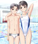  1boy 1girl absurdres age_difference arm_around_shoulder bench black_hair blurry blurry_background breasts brother_and_sister brown_eyes cameltoe collarbone commentary_request competition_swimsuit covered_navel grey_hair grin height_difference highleg highleg_one-piece_swimsuit highres indoors lane_line large_variant_set looking_at_viewer male_swimwear multicolored_swimsuit one-piece_swimsuit onee-shota original pool short_hair siblings small_breasts smile standing string_of_flags swim_briefs swimsuit takafumi variant_set white_male_swimwear white_one-piece_swimsuit 