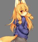  1girl animal_ears ass bell blue_shirt borrowed_character brown_hair commentary_request fox_ears fox_tail from_behind furry furugitsune grey_background grey_pants hair_ornament hands_in_pockets highres hood jingle_bell kida_kuro_mu long_hair looking_back original pants red_eyes shirt simple_background solo tail upper_body 