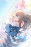  5girls artist_request bang_dream! bang_dream!_it's_mygo!!!!! bare_shoulders belt blue_eyes blue_shirt braid brown_hair chibi chihaya_anon chinese_commentary closed_mouth commentary_request commission cowboy_shot detached_sleeves earrings grey_skirt hair_spread_out highres jewelry kaname_raana long_hair long_sleeves looking_at_viewer lying mini_person minigirl multiple_girls mygo!!!!!_(bang_dream!) nagasaki_soyo necklace on_side sample_watermark second-party_source shiina_taki shirt skirt sky smile takamatsu_tomori umbrella watermark 