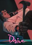  1boy bomber_jacket car claw_hammer drive_(movie) driver_(drive) hammer hand_in_pocket highres holding holding_hammer jacket kalondust male_focus motor_vehicle scorpion_print solo white_jacket 