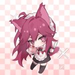  1boy alternate_costume animal_ears apron black_dress black_thighhighs blush bow bowtie cake cake_slice cat_boy cat_ears cat_tail checkered_background chibi chibi_only closed_mouth commentary_request crossdressing crossdressing_(mtf) dress enmaided ensemble_stars! food frilled_apron frills full_body holding holding_food holding_knife holding_plate kemonomimi_mode knife light_frown long_hair looking_at_viewer madoka_nozomi maid maid_apron maid_headdress male_focus male_maid no_shoes pink_background pink_eyes plate qi_(fish_s_1) red_bow red_bowtie red_hair solo sparkle standing tail thighhighs traditional_bowtie v-shaped_eyebrows white_apron 