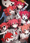  abstract absurdres alternate_costume blue_tongue colored_tongue commentary doomer_(synthesizer_v) drill_hair fang glowstick highres holding holding_glowstick igaku_(utau) kasane_teto kasane_teto_(sv) liar_dancer_(synthesizer_v) mesmerizer_(vocaloid) red_eyes red_hair signaling_(vocaloid) song_request synthesizer_v twin_drills v yain 