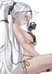  1girl absurdres ass bikini black_bikini black_tail blue_archive blush breasts commentary_request dark-skinned_female dark_skin demon_tail eyewear_on_head gaohuang43450 gloves grey_hair grey_halo hair_over_one_eye halo highres iori_(blue_archive) iori_(swimsuit)_(blue_archive) multi-strapped_bikini_bottom official_alternate_costume open_mouth pointy_ears purple_halo sharp_tail side-tie_bikini_bottom simple_background solo string_bikini sunglasses swimsuit tail twintails wet white_background 