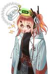  1girl ? a.i._voice absurdres adachi_rei android battery_indicator belt black_shirt cable commentary_request computer_chip cowboy_shot headlamp headset highres jacket kaka_ka_k lens_eye lightning_bolt_symbol one_side_up open_clothes open_jacket orange_belt orange_eyes orange_hair pouch radio_antenna recursion ribbon shirt simple_background solo utau white_background white_jacket white_ribbon 