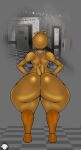 animatronic anthro avian bib big_butt bird bottom_heavy butt chicken feathers female five_nights_at_freddy's five_nights_at_freddy's_2 galliform hands_on_hips head_feathers head_tuft hi_res huge_butt machine phasianid rear_view robot scottgames sketchydrawin solo tail tail_feathers thick_thighs toy_chica_(fnaf) tuft wide_hips yellow_body yellow_feathers