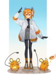 1girl a.i._voice absurdres adachi_rei arm_up black_gloves black_pantyhose black_shirt commentary_request dedenne drawstring food full_body galette_(food) gloves grey_shorts hair_ribbon highres holding holding_food jacket long_sleeves looking_at_viewer lumiose_galette medium_hair one_side_up open_clothes open_jacket orange_eyes orange_hair orange_shoes pantyhose pantyhose_under_shorts pokemon pokemon_(creature) ribbon senri_(hrydy_o) shirt shoes shorts standing straight-on utau white_jacket white_ribbon 