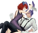 1boy 1girl animal_ears artist_name bilibili_watermark black_dress black_eyes black_necktie black_pants blue_bow blue_eyes bow breasts cleaver clothes_grab collared_shirt colored_teeth commentary dress gloves hair_bow highres holding holding_cleaver holding_knife humanization jax_(the_amazing_digital_circus) knife mistywine necktie necktie_grab neckwear_grab pants purple_hair rabbit_boy rabbit_ears ragatha_(the_amazing_digital_circus) red_hair shirt short_hair sleeveless sleeveless_dress smile straddling the_amazing_digital_circus untranslatable_commentary very_short_hair white_background white_gloves yellow_teeth 