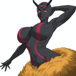  absurdres arm_behind_head bodypaint breasts dark-skinned_female dark_skin demon_girl demon_horns demon_lord_dante facepaint highres horns huge_breasts lamia_(demon_lord_dante) lipstick makeup monster_girl non-web_source nude oversized_bug oversized_spider third_eye white_background white_eyes 