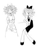  1girl bow button_eyes buttons chinese_commentary cleaver commentary_request dress greyscale hair_bow highres holding holding_cleaver holding_knife knife mistywine monochrome multiple_views official_alternate_costume open_mouth ragatha_(the_amazing_digital_circus) short_hair short_sleeves sitting sleeveless sleeveless_dress smile the_amazing_digital_circus triangle_nose 
