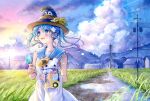  1girl armpit_crease bag bare_arms bare_shoulders bird blue_eyes blue_hair blue_nails blue_sailor_collar blue_sky brown_hat building cloud commentary_request contrail cumulonimbus_cloud dress elbow_carry evening field fingernails flower food gradient_sky grass hat hat_flower hayamasora highres holding holding_bag holding_food holding_ice_cream holding_stuffed_toy ice_cream light_particles long_hair looking_to_the_side medium_dress mountainous_horizon nail_polish open_mouth original outdoors painting_(medium) path penguin power_lines puddle rural sailor_collar sailor_dress sky sleeveless sleeveless_dress smile solo straw_hat stuffed_animal stuffed_toy summer sun sunburst sunflower sunlight teddy_bear teeth traditional_media twintails upper_body upper_teeth_only utility_pole village water watercolor_(medium) watermark white_dress yellow_flower 