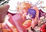  2boys blonde_hair blue_hair blush chocolate chocolate_on_body chocolate_syrup christine_(mori) commentary_request crying fangs food food_on_body fork fruit holding holding_fork holding_knife holding_spoon hug knife koide_natsuno male_focus multiple_boys mutou_tooru open_mouth shiki_(novel) spoon strawberry syrup tears 