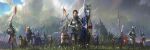  1girl 6+boys absurdres arm_up armor army banner barding bascinet battle_standard black_hair blue_sky castle cloud commentary couter cross cross_necklace cuirass cuisses english_commentary faulds flag fleur-de-lis flower france grass grey_sky hammk helmet highres holding holding_banner holding_polearm holding_unworn_helmet holding_weapon horse horseback_riding jeanne_d'arc jewelry kettle_helm knight looking_at_viewer medieval multiple_boys necklace original outdoors pauldrons pike_(weapon) polearm poleyn riding short_hair shoulder_armor sky solo_focus sword tassets unworn_headwear unworn_helmet vambraces war_flag weapon 