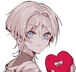  1boy absurdres blunt_ends bodysuit box choppy_bangs commentary_request eyeshadow fingernails genshin_impact gift gift_box hair_intakes heart-shaped_box highres holding holding_gift looking_at_viewer looking_back makeup male_focus munou_v parted_lips portrait purple_eyes scaramouche_(genshin_impact) sepia side_cape solo spot_color tsurime wanderer_(genshin_impact) white_background 