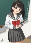  1girl artist_name asuka_gin black_hair book bow brown_eyes chalkboard classroom commentary_request grey_sailor_collar grey_skirt highres holding holding_book indoors long_hair long_sleeves looking_at_viewer open_mouth original pleated_skirt red_bow sailor_collar school_uniform serafuku shirt signature skirt smile solo standing white_shirt wide-eyed 