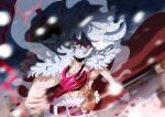  1boy axe clenched_teeth commentary gear_fifth hagoromo haki_(one_piece) hat highres holding holding_axe horns iamosix2 male_focus menacing monkey_d._luffy one_piece scar scar_on_face shawl snowing solo straw_hat teeth upper_body white_hair 